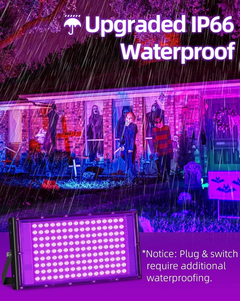 THECHAM Store 150W LED Black Lights IP66 Waterproof Black Light Outdoor with 10ft Plug+Switch, Flood Blacklight for Halloween Glow in The Dark Party Stage Light Neon Glow Birthday 2 Pack - Image 2